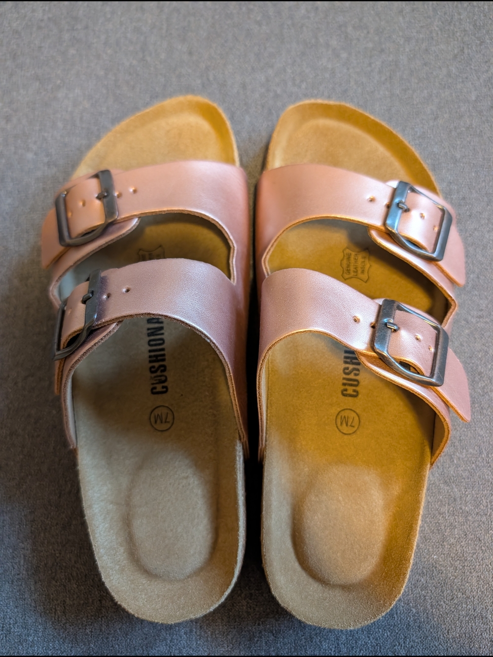 Cushionaire Cork Double Buckle Slide Sandals in Rose Gold